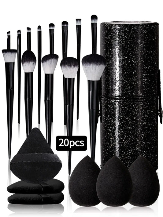 20pcs Makeup Brush Set – Premium Synthetic Brushes + Sparkling Storage Bucket + 6 Makeup Sponges