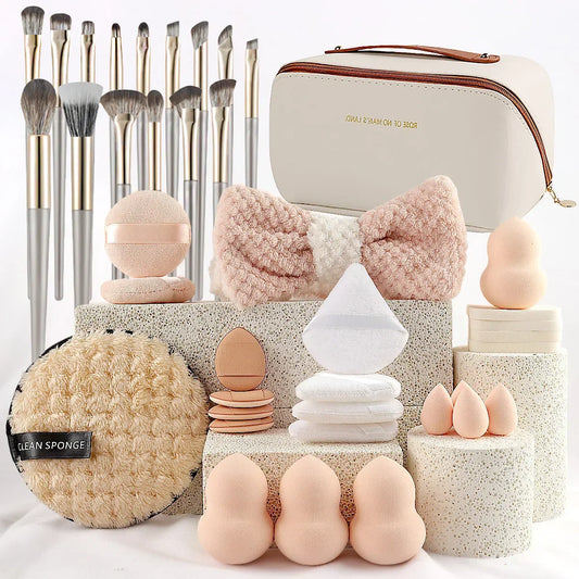 36pcs Beauty Tool Set with Square Storage Bag – 15 Makeup Brushes, Powder Puff, Hair Band & More