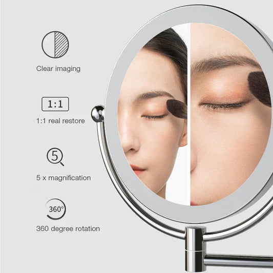 Wall-Mounted LED Makeup Mirror – Double-Sided, 5X Magnification with Touch Dimming