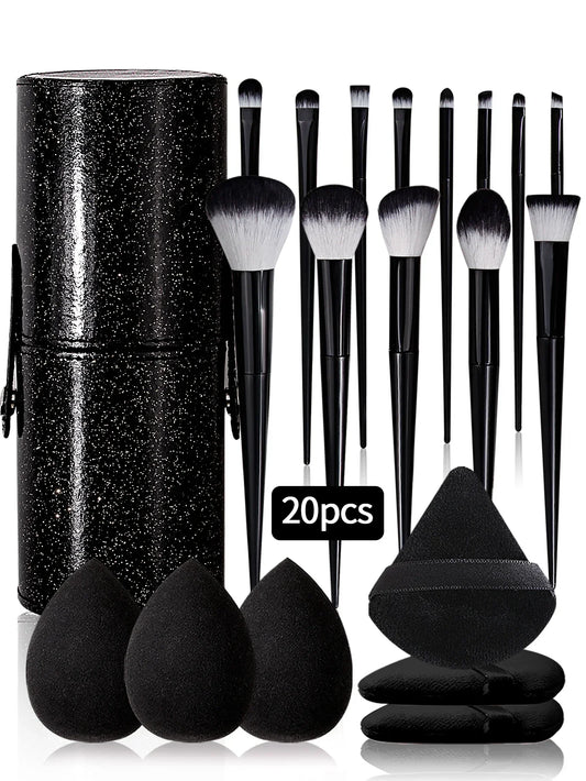 20pcs Makeup Brush Set – Premium Synthetic Brushes + Sparkling Storage Bucket + 6 Makeup Sponges