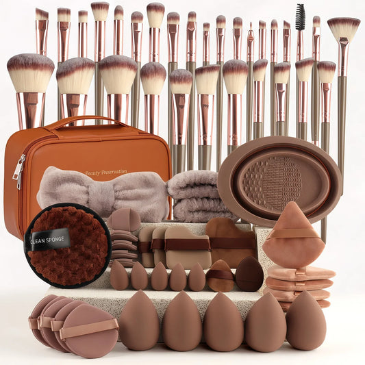 67pcs Professional Makeup Kit – 30 Brown Brushes + Sponges for Foundation, Contour, Eyeshadow & Blending