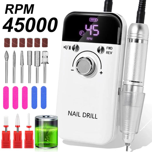 Professional 45,000RPM Electric Nail Drill Machine – Rechargeable & Portable Manicure Tool